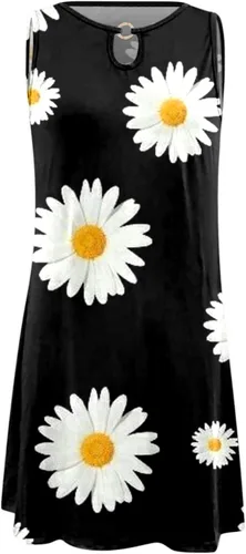 Vista 4 de Vestido sexy con hombros descubiertos para mujer, sin mangas, con abertura en la cerradura, vestido de verano, casual, cuello redondo, floral