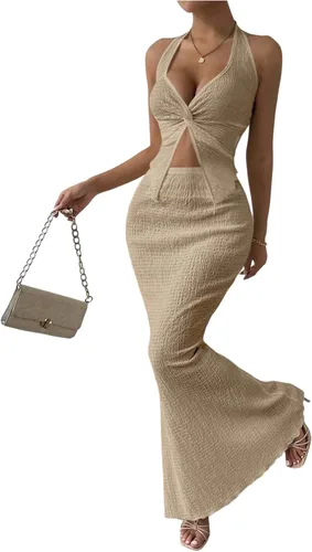 Vista 11 de SOLY HUX - Conjunto de dos piezas de verano para mujer, con parte superior tipo camisola con cuello halter, nudo frontal y falda marrón (Plain Brown)