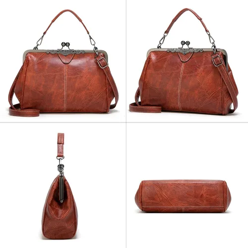 Vista 3 de Bolsos vintage para mujer Kiss Lock para mujer, cuero aceitado, bolso de mano