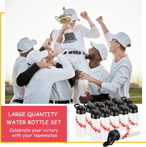 Vista 6 de Gerrii 12 botellas de agua de béisbol a granel de 20 onzas con tapa a presión, botellas reutilizables, 100 calcomanías, calcomanías de premio