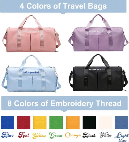 Vista 6 de Bolsa de lona personalizada, bolsa de viaje deportiva para gimnasio, con nombre bordado, con texto bordado, seco, húmedo, separado durante la noche