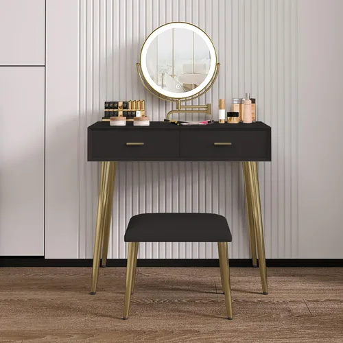 Vista 10 de Juego de escritorio con espejo giratorio de 360° y luces, pequeño tocador de maquillaje con cuero de microfibra, mesa de tocador con 2 cajones Beige