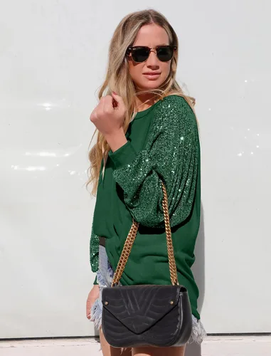 Vista 4 de ALLTB Blusas de manga larga con lentejuelas brillantes para mujer, sudadera con purpurina brillante, para fiesta, cuello redondo, ajuste holgado