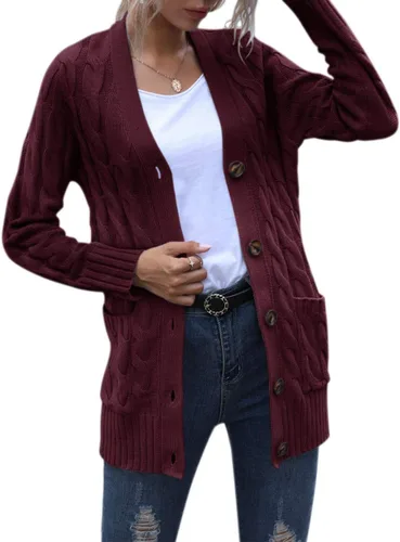 Vista 3 de MEROKEETY - Suéter de punto trenzado y manga larga para mujer, estilo cárdigan abierto al frente, con botones, para otoño, ropa de exterior holgada