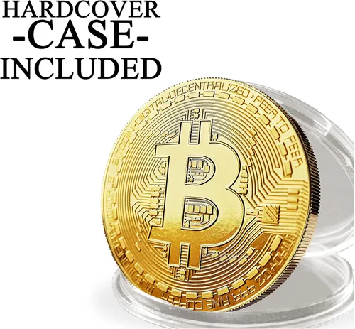 Vista 5 de Bitcoin físico chapado en oro de 24 quilates. Un verdadero artículo de coleccionista con funda protectora