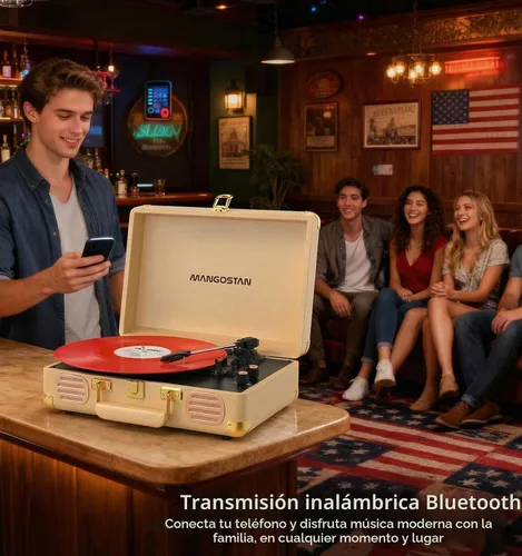 Vista 4 de Tocadiscos Bluetooth, tocadiscos portátil de 3 velocidades, dorado