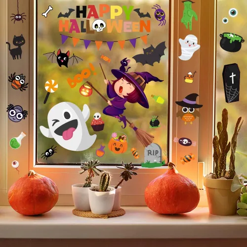 Vista 5 de 6 hojas de adhesivos para ventana, lindas calcomanías y calcomanías de Halloween para niños, decoración de ventanas interiores