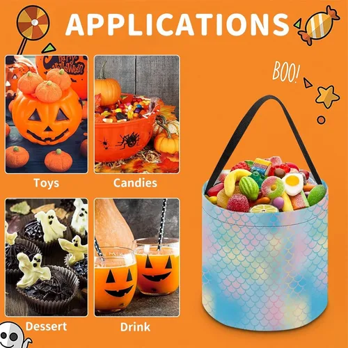 Vista 3 de Cubo de cubo de Halloween con diseño de sirena arcoíris, bolsa de dulces para niños, decoraciones de Halloween