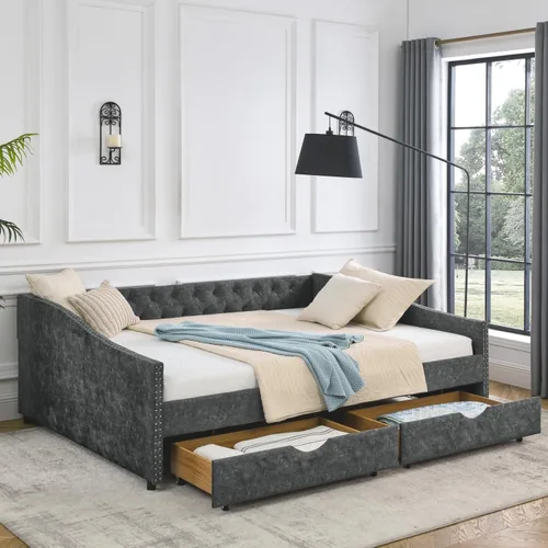 Vista 3 de Cama de día con almacenamiento, plataforma Queen con marco de madera maciza, marco de cama tapizado con botones copetudos con 2 cajones extraíbles