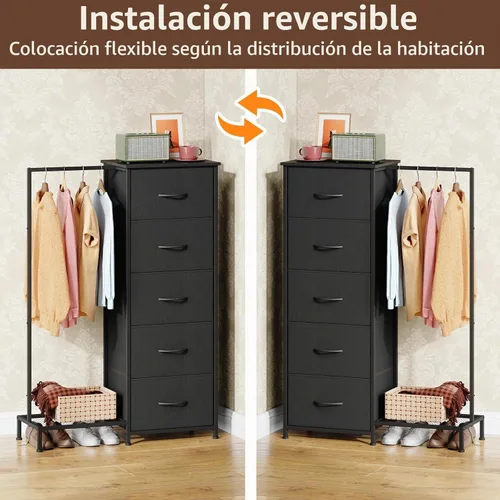 Vista 6 de Somdot - Cómoda con estante para colgar, 5 cajones, cómoda pequeña para dormitorio, cómoda reversible con estante para ropa, cómodas para niños