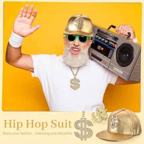 Vista 5 de MTLEE Kit de disfraz de hip hop de los años 80 y 90, accesorios de rapero de Halloween, collar, signo de dólar, anillo de dólar, sombrero