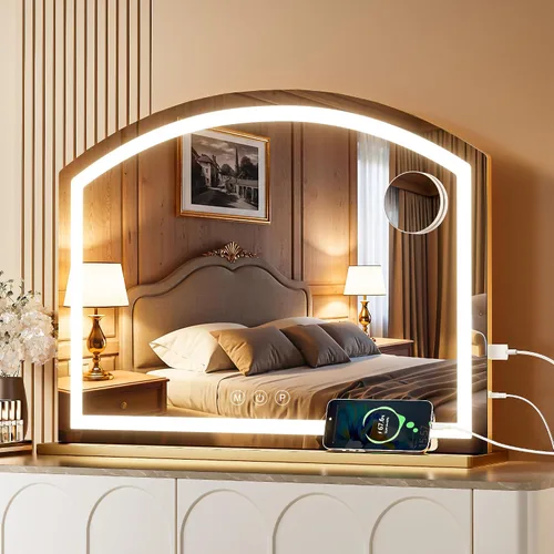 Vista 11 de Hasipu Espejo de tocador con luces, espejo de maquillaje LED arqueado de 11 x 14 pulgadas, espejo de maquillaje iluminado con luces, control táctil
