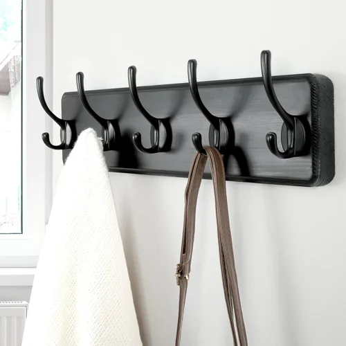 Vista 4 de Dseap Perchero de Pared: Moderno, Patentado, Resistente, 17.4" de Largo, Riel Colgador de Madera con 5 Ganchos Dobles para Abrigos de Invierno, Negro