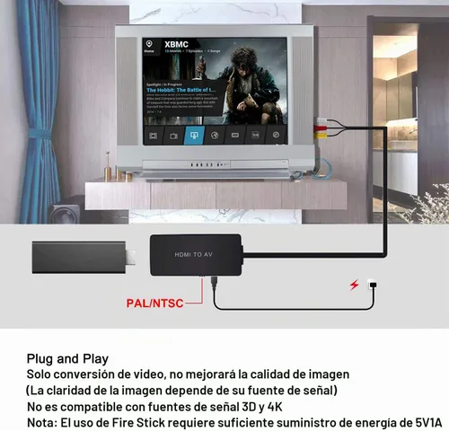 Vista 4 de Convertidor HDMI a AV Adaptador de convertidor compuesto HDMI a RCA, compatible con PAL/NTSC, soporte 1080P, compatible con Roku/Fire