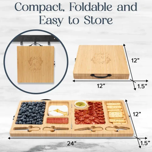 Vista 2 de Tabla de charcutería – Tabla grande de queso de bambú con juego de cuchillos magnéticos – Plato de queso de madera – Tabla de charcutería plegable