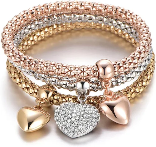 Vista 13 de SILANER Pulseras multicapa con dijes de cristal, 3 pulseras de cadena de maíz de oro/plata/oro rosa para mujer, pulsera elástica en forma de corazón