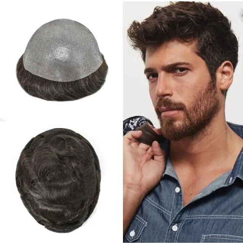 Vista 46 de Toupee para hombres Sistema de reemplazo de cabello humano PU piel fina V-looped Hair Piece Nature Hair System para hombre Toupee 6X8#1B Off Black