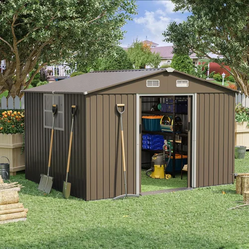 Vista 10 de Cobertizo de almacenamiento para exteriores de 8 x 6 pies con piso, cobertizo de herramientas de metal impermeable con puerta cerrada con puerta