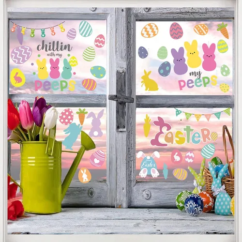 Vista 2 de Decoraciones de conejito para ventana, 9 hojas reutilizables estáticas para ventana, huevos de conejo de Pascua, calcomanías de doble cara