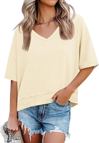 Vista 24 de Cicy Bell Camisetas de verano con cuello en V para mujer, casuales, de manga corta, holgadas, lindas camisetas básicas Caqui