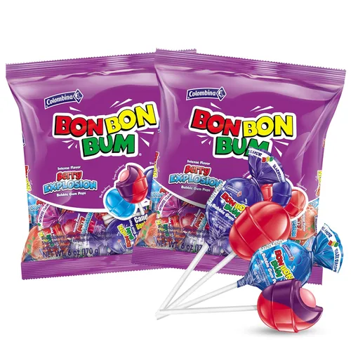 Vista 13 de Colombina Bon Bon Bum - Paletas con centro de chicle, sabor a explosión de bayas, paletas surtidas envueltas individualmente, golosinas
