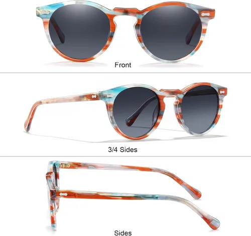 Vista 67 de CARFIA Gafas de sol polarizadas de acetato redondo para mujer, protección UV de cara pequeña con funda de cuero CA5288