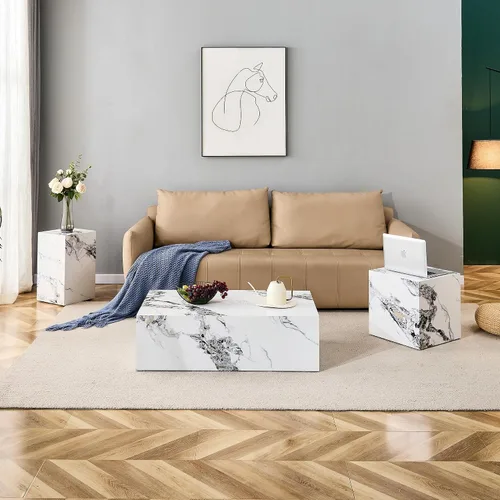 Vista 5 de Mesa de centro blanca de 39.3 pulgadas, moderna mesa central de mármol sintético de lujo, cubo rectangular minimalista, mesa de cóctel MDF, mesa