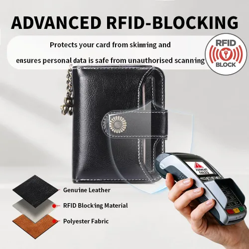 Vista 2 de Cartera de piel con bloqueo RFID para mujer con bolsillo con cremallera, pequeña cartera compacta con sección de efectivo, 8 tarjeteros de crédito