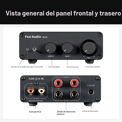 Vista 4 de Fosi Audio TB10D Amplificador Estéreo de 2 Canales, Clase D Mini Amplificadores de Potencia Integrados 600W para Altavoces Pasivos/Bass Shaker