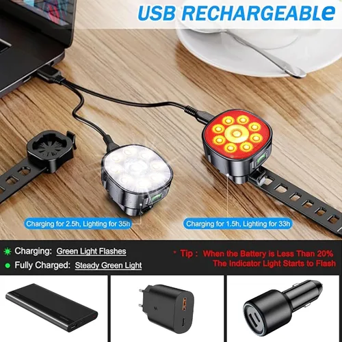 Vista 3 de Bike Lights Front and Back for Night Riding Safety,Super Bright Headlight and Red Rear Tail,IP65 Waterproof USB Charging,with 8 Ultra-Bright LED