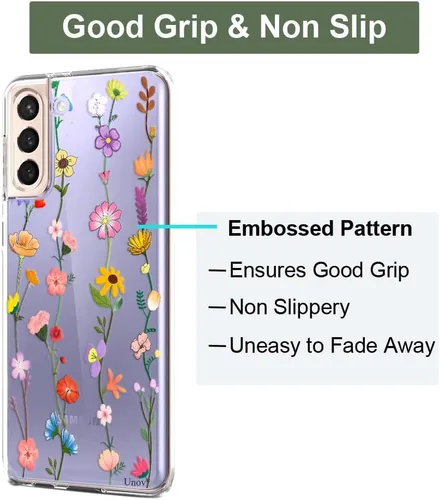 Vista 5 de Unov Funda para Galaxy S21, transparente con diseño, ajuste delgado, buen agarre, funda de teléfono en relieve, cubierta protectora a prueba