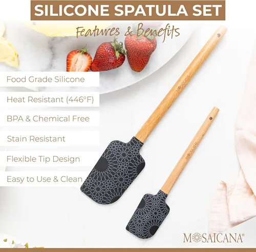 Vista 2 de Juego de 2 espátulas de silicona con mango de madera y patrón impresionante (negro)