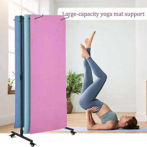 Vista 8 de Soporte para colchoneta de yoga colgante, carrito de almacenamiento de metal de doble cara sobre ruedas, estante para pilates de pie para gimnasio