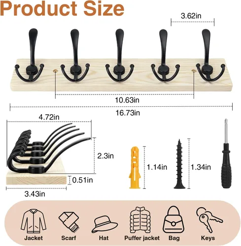Vista 6 de Perchero de madera resistente para pared, paquete de 2 perchas de pared con 5 ganchos triples para ropa, chaqueta, sombrero, llaves, organizador