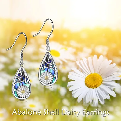 Vista 5 de CRMAD Aretes de colibríabejahojasgirasolmargaritalibélularosaflor de loto de plata esterlina filigrana lágrima aretes de concha de abulón para mujer