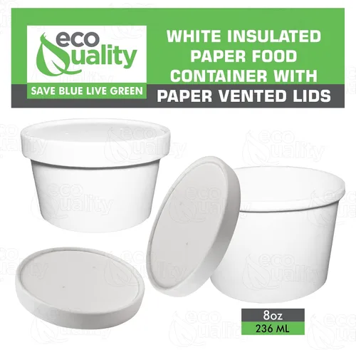Vista 3 de EcoQuality Recipientes desechables de papel blanco para sopa con tapas, tazas de papel para helado, cuencos desechables para postres fríos, tazas