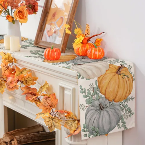 Vista 3 de Camino de mesa de otoño, eucalipto y calabaza, camino de mesa para otoño, Acción de Gracias, decoración de fiesta en el hogar, decoración de mesa