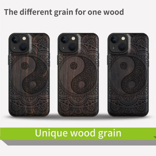 Vista 7 de Carveit Funda magnética de madera para iPhone 13 [madera natural y TPU suave negro] Funda protectora de madera única y elegante a prueba de golpes