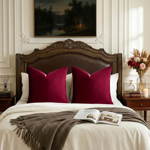 Vista 7 de GIGIZAZA Juego de 2 fundas de almohada decorativas de terciopelo burdeos de Borgoña