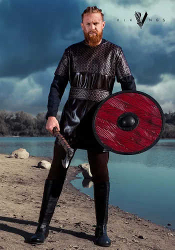 Vista 2 de Ragnar Lothbrok Viking Costume For Men Tunic With Embossed Faux Leather Pieces Plus Pants, Boot Tops, And Belt