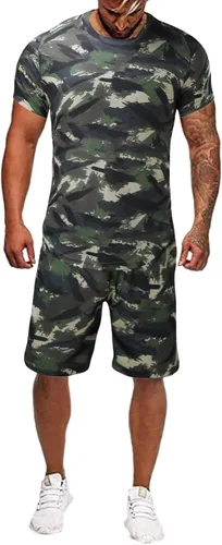 Vista 2 de Conjunto deportivo para hombre, conjunto de verano para hombre, manga deportiva, pantalones cortos ajustados de secado rápido, camuflaje para hombre