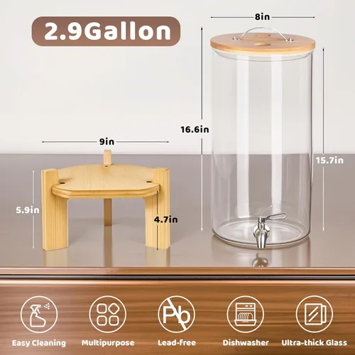 Vista 2 de Dispensador de bebidas de 2.9 galones, dispensador de bebidas de vidrio con soporte, dispensadores de bebidas para fiestas, dispensador de bebidas