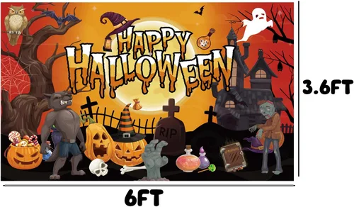 Vista 2 de Pancarta de Feliz Halloween de 6 x 3.6 pies, telón de fondo de dibujos animados de Halloween, telón de fondo de fotos de Halloween, noche de luna