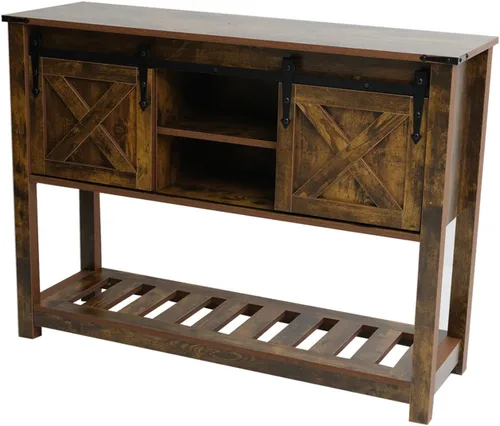 Vista 8 de Mesa de entrada de estilo granja con puertas corredizas de granero, mesa consola de madera con estante de almacenamiento, mesa de sofá rústica