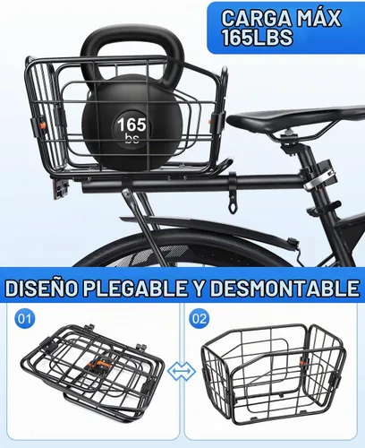 Vista 3 de Cesta trasera para bicicleta, estante de carga de aluminio para bicicleta, cesta de bicicleta de capacidad de 22 litros, plegable y extraíble