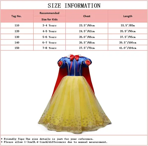 Vista 7 de MYRISAM Disfraz de princesa blanca como la nieve para niñas, Halloween, carnaval, cosplay, vestido de cumpleaños de Navidad (con accesorios de capa)