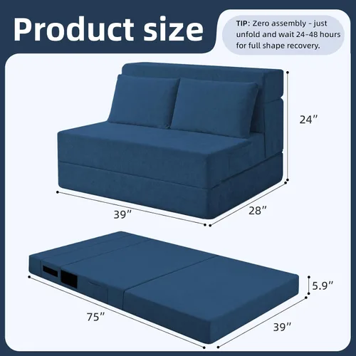 Vista 2 de Sofá cama plegable, silla convertible con almohada Chenille azul marino