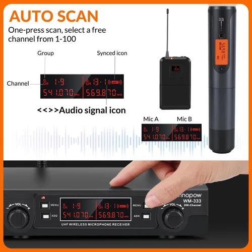 Vista 3 de innopow Sistema de micrófonos inalámbricos de 200 canales, micrófono de solapa inalámbrico, sistema de micrófono de solapa inalámbrico UHF dual