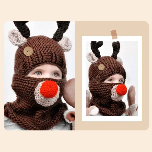 Vista 2 de Sumolux - Gorros tejidos cálidos de invierno y otoño para niños con capucha, diseño de animales, zorro