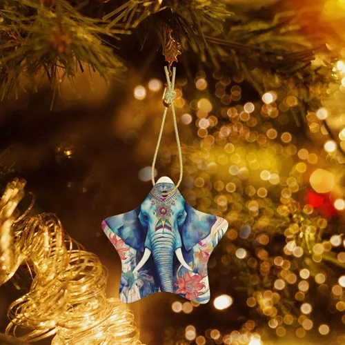 Vista 5 de Árbol de Navidad colgante de cerámica con lazo dorado, plumas de pavo real, elefante, adornos de cerámica para el hogar, manualidades
